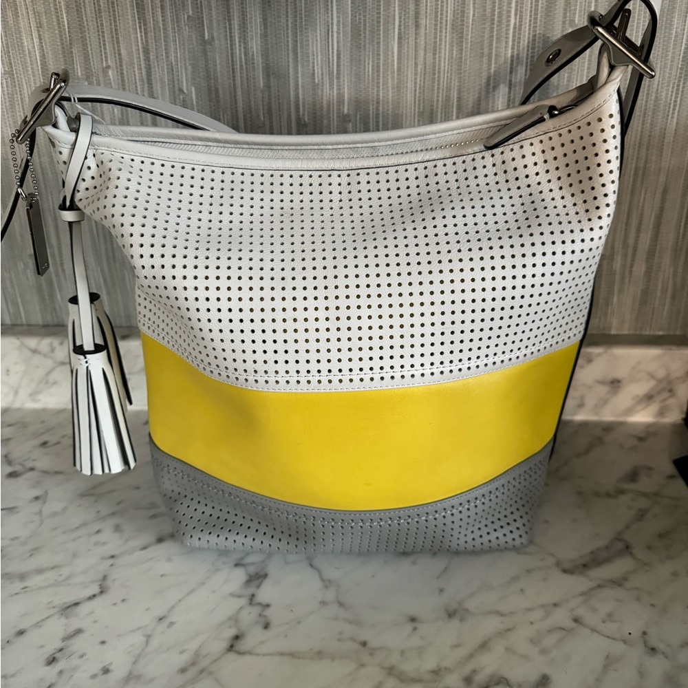 COACH 22412 LEGACY MULTICOLOR PERFORATED STRIPE DUFFLE CROSSBODY EUC!
